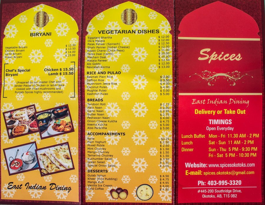 Spices Take Out Menu