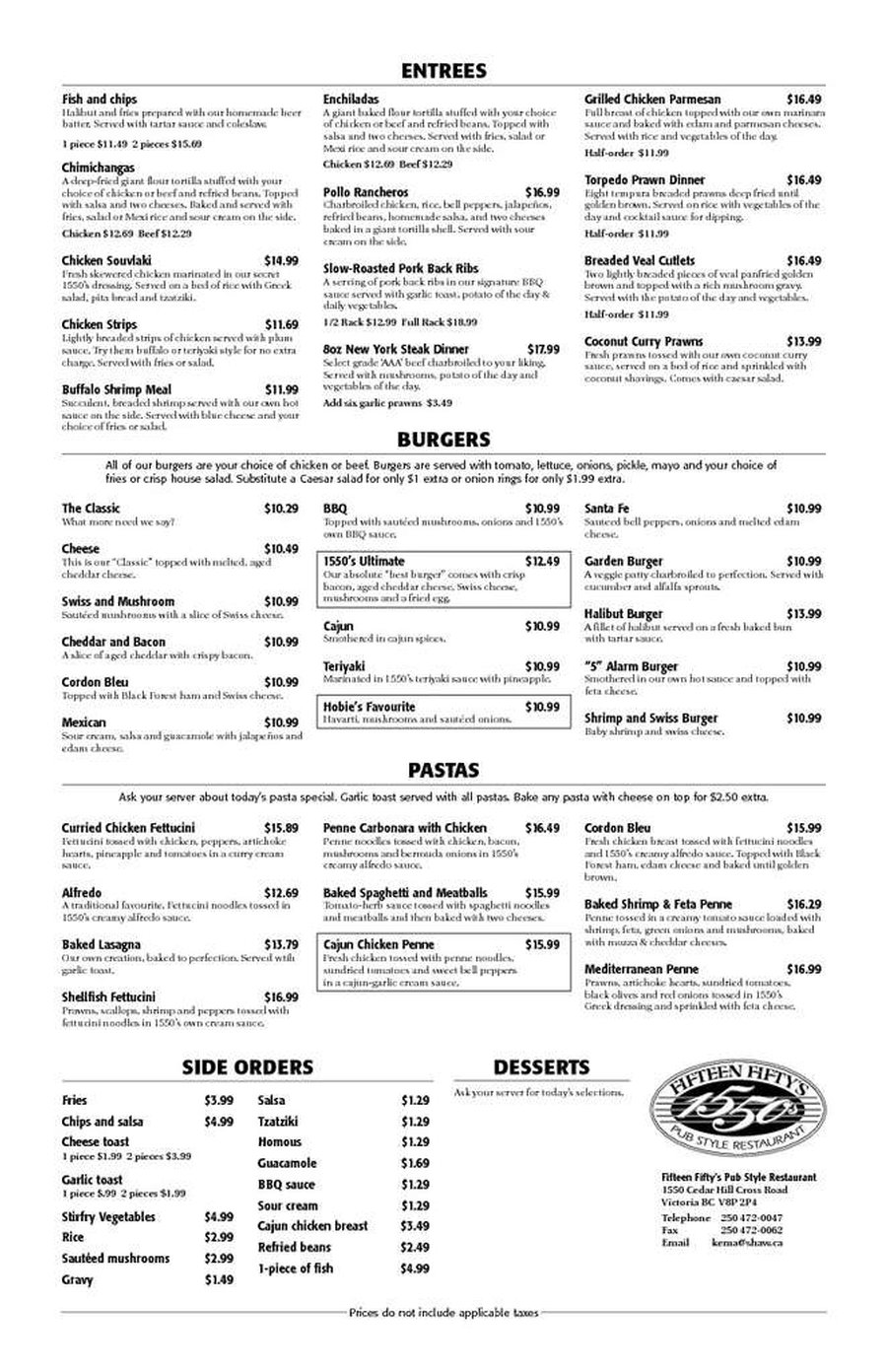 1550's Burgers & Pasta Menu