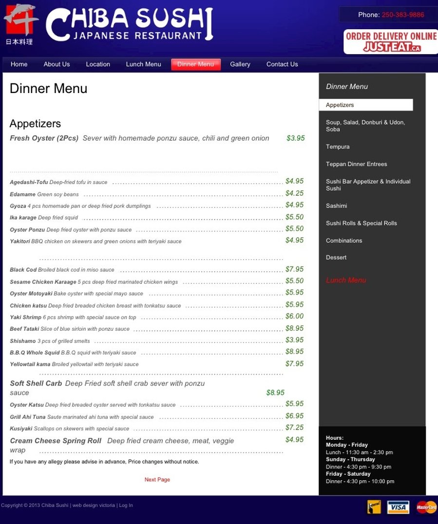 Dinner menu