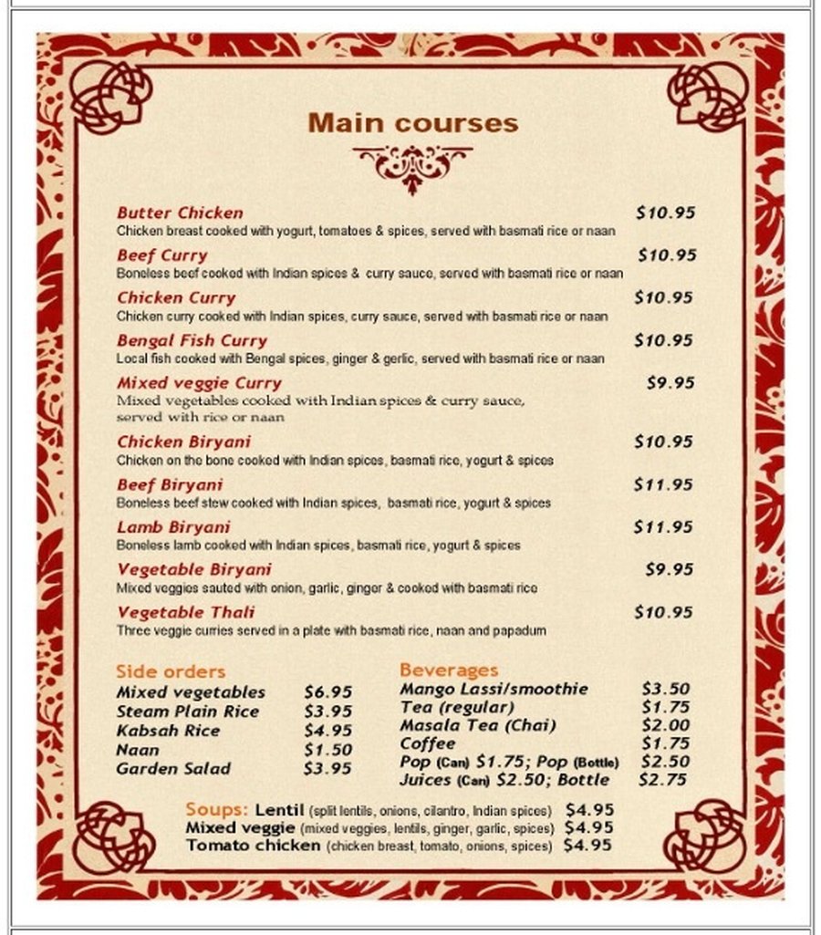 Dine In Menu