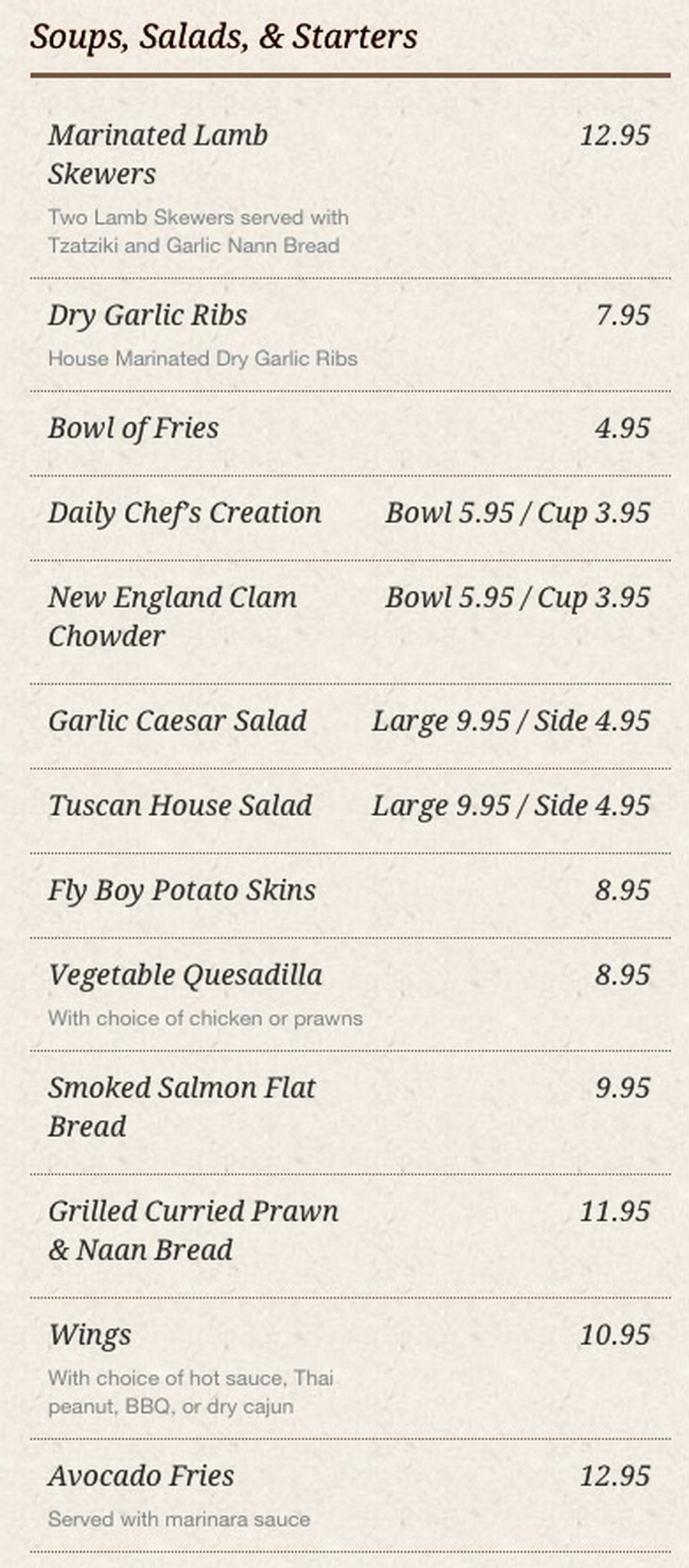 Main menu- soups, salads and starters