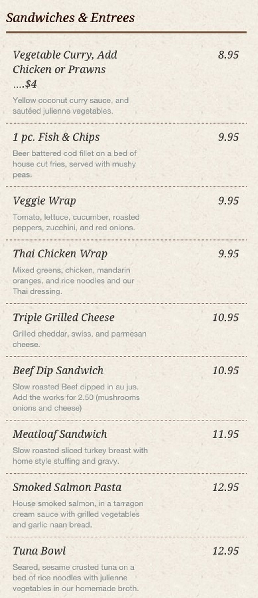 Main menu- sandwiches and wraps