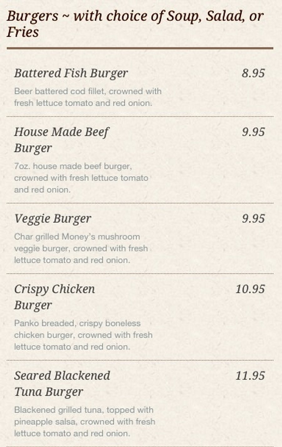 Main menu- burgers with choice of soup, salad, or fries