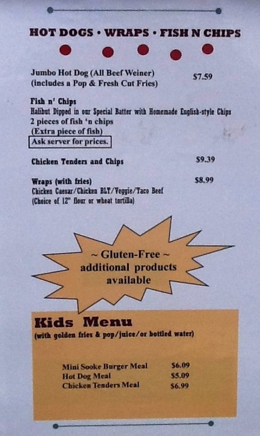 Hot dogs, wraps, fish n chips, kids menu