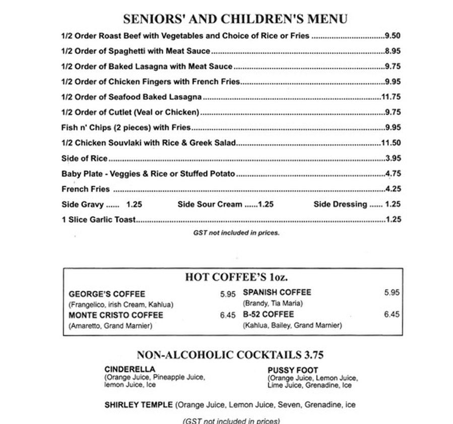 Seniors and Children's Menu